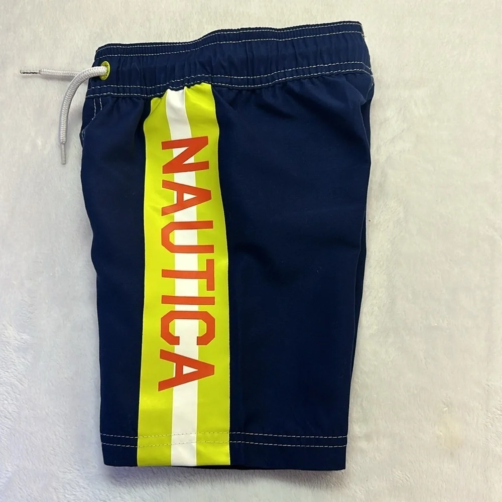 Nautica Navy Blue/Lime Green Yellow Graphic Swim Trunks 2T Preowned